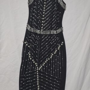 Elegant Black Pearl-Embellished Midi Dress
